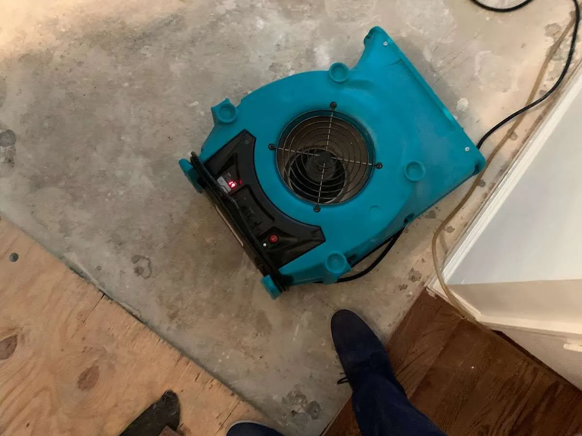 Air mover drying subfloor during Leak Detection & Repair in Schroeppel